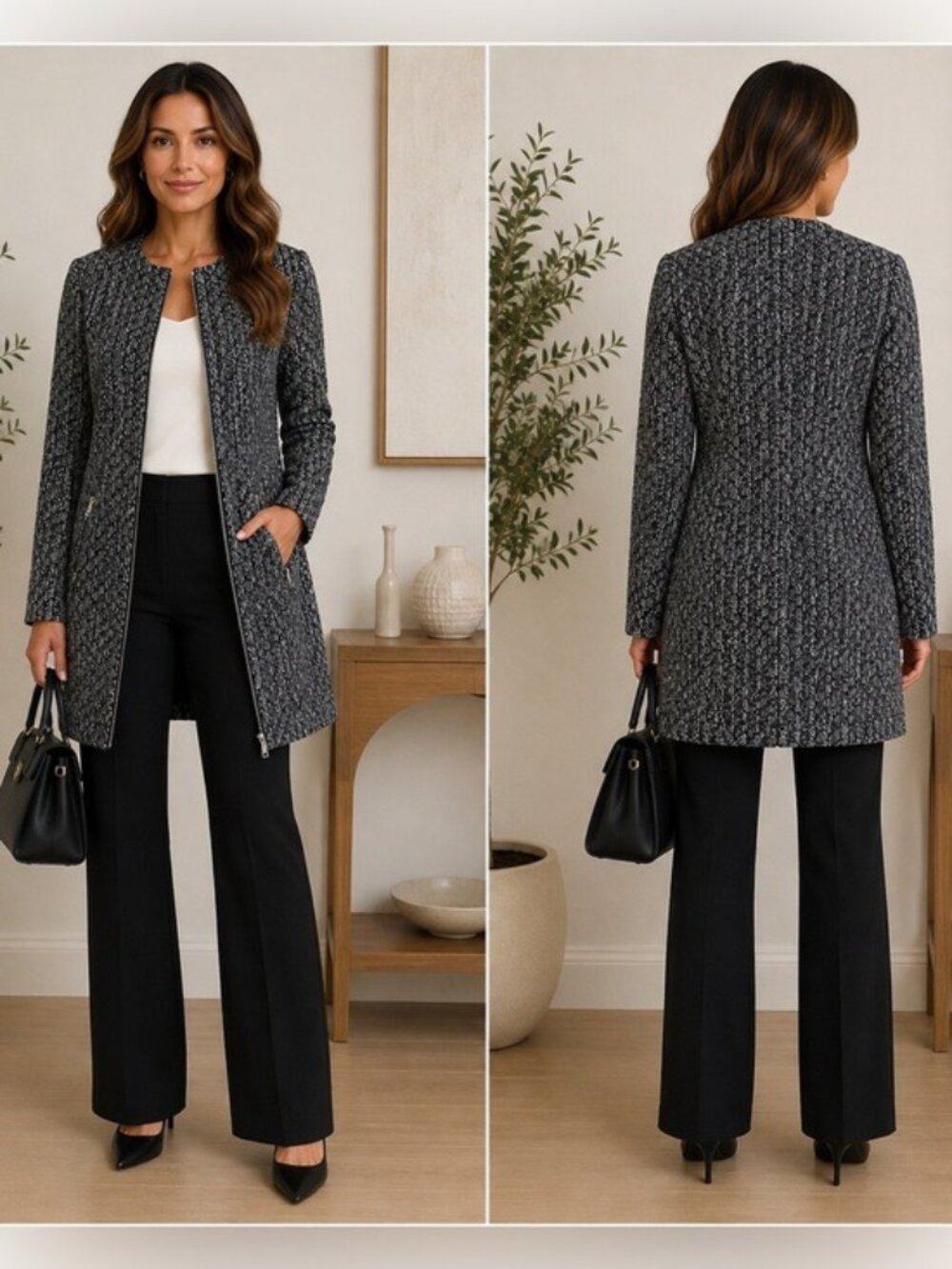 Zara Basic Black White Tweed Longline Coat Jacket Zip Pockets Size M